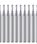 Front view: set of 10 silver 1/8 in shank single-flute up-cut router bits; 1/16 in dia, 0.24 in cut length, 1.5 in OAL.