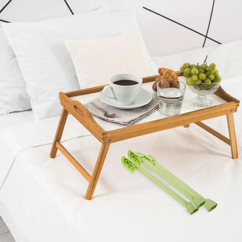 Lightweight Foldable Table Leg Set Of 4 For Furniture Replacement Feet shown with a wooden tray table on a white bed