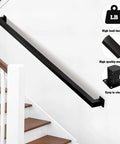 Heavy Duty Wall Mounted Handrail For Indoor Stairs Featuring An Extra Long Eleven Foot Black Steel Rail built tough for indoor staircases.