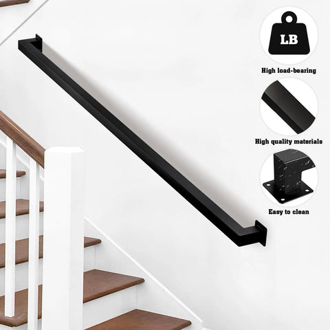 Heavy Duty Wall Mounted Handrail For Indoor Stairs Featuring An Extra Long Eleven Foot Black Steel Rail built tough for indoor staircases.