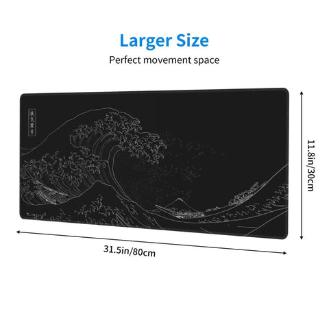 Ultra Smooth Large Gaming Mouse Pad With No Slip Rubber Base Waterproof Edges And Stitched Finish For Gaming Office And Home 31.5 By 11.8 Inches Black Wave design with dimensions shown