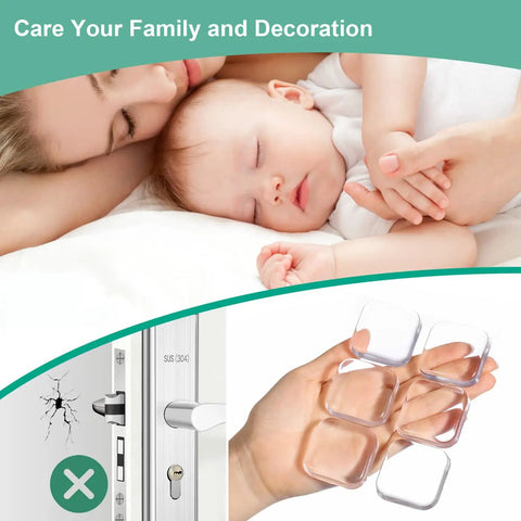 Self Adhesive Door Stopper Bumper Guards Keep Walls Scratch Free From Doorknob Dings Shock Absorbent Gel Shields Peel And Stick Washable Reusable Wall Protectors Heavy Duty in a hand with a baby sleeping in the background.