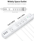 10 Ft Power Strip Surge Protector With Five Outlets And Three USB Ports, flat plug, 14 AWG braided cable, top view