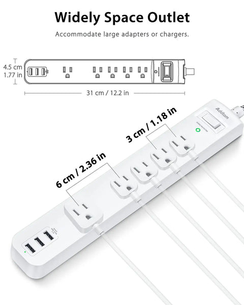 10 Ft Power Strip Surge Protector With Five Outlets And Three USB Ports, flat plug, 14 AWG braided cable, top view