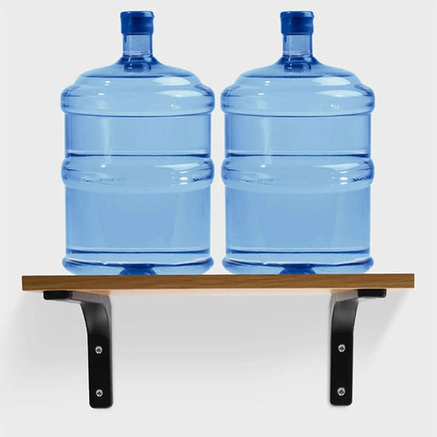 Rock Solid Metal L Floating Shelf Brackets In Matte Black Hold 2 Blue Water Jugs On Wooden Shelf Mounted For Kitchen Use.