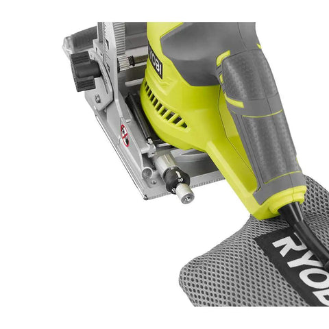 Close-up of 6 Amp AC Biscuit Joiner Kit With Carbide Tipped Blade For Pro Level Slot Cutting, focus on handle and dust bag