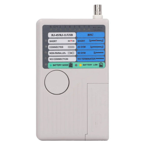 4 In 1 Cable Tester With Quick Response Detachable Modules For Network Telephone BNC USB RJ11 RJ45 And Coaxial Cables Meter Includes BNC Adapter Portable Handheld Tool For Tech Pros, white ABS body