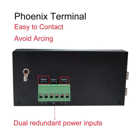 Industrial Grade Gigabit Ethernet L2 Managed Switch power input with Phoenix terminal and dual redundant power connections.