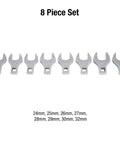 Half Inch Drive Jumbo Metric Crowfoot Wrench Set 8-Piece With Sizes 24 To 32, chrome plated, on white background