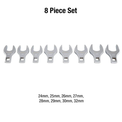 Half Inch Drive Jumbo Metric Crowfoot Wrench Set 8-Piece With Sizes 24 To 32, chrome plated, on white background