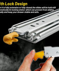 Close-up of Pair 500 Lb Heavy Duty Drawer Slides With Lock, 72 Inch Full Extension Ball Bearing Side Mount Industrial Rails.