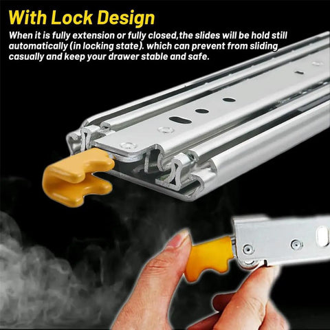 Hella Sturdy Heavy Duty Drawer Slides With Lock showcasing steel construction and locking mechanism for stability in tool cabinets.