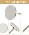 50 Piece Flat Head Thumb Tacks With Slick Silver Finish Heavy Duty Solid Steel Push Pins showing detailed side and top views.