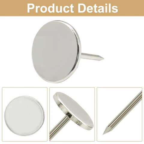 50 Piece Flat Head Thumb Tacks With Slick Silver Finish Heavy Duty Solid Steel Push Pins showing detailed side and top views.