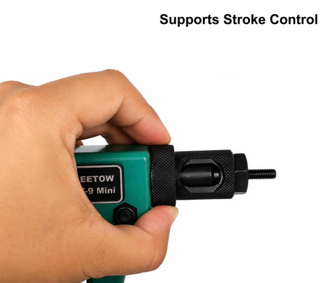 Grab This Badass 8-Inch Rivet Nut Gun Kit For Quick Repairs! Comes With Nine Mandrels And One Hundred Nuts For Metal Or Drywall Jobs. Perfect Stroke Control Makes Fastening Easy Plus Hard Case Keeps Gear Safe On Job Sites. hand holding compact rivet nut gun with stroke control