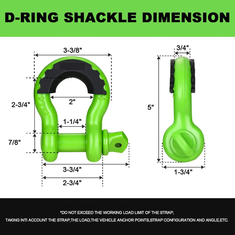 Off Road Recovery Kit With 10 Ton Snatch Block Pulley 3 Inch By 8 Foot Tree Saver Strap Two D Ring Shackles And Heavy Duty Winching Accessories For Truck And SUV Rescue green D-ring shackle dimension diagram