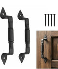 Mystic Colonial Rustic Cast Iron Barn Door Handles Set Of 2 In Black Finish with screws and installation on wooden cabinet