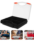 Hella Tough Plastic Parts Organizer Box With Sure Grip Handle, open design showing chunky dividers for screws and bolts.