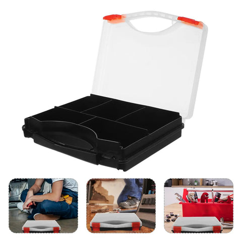 Hella Tough Plastic Parts Organizer Box With Sure Grip Handle, open design showing chunky dividers for screws and bolts.
