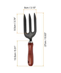 Three Tines Hand Gardening Fork Do It All Workhorse with carbon steel tines and wooden handle, dimensions shown in image.