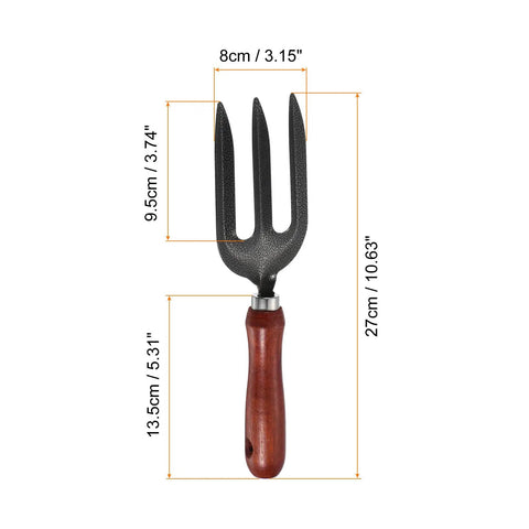 10.6 Inch Three Tine Hand Gardening Fork with wooden handle and measurement details