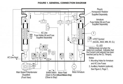 General connection diagram of DC Motor Speed Control Drive 0-90V DC, Chassis Mounted, 115V AC Input, 9A RMS at 45C.