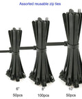 Assorted reusable zip ties in 6, 8, and 10 inch lengths, pack of 200, nylon material, UV resistant, 50 lbs tensile strength.