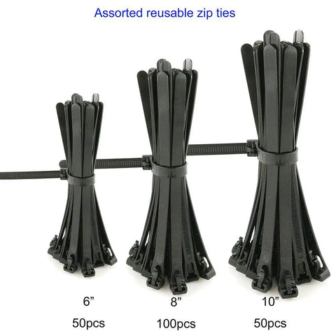Assorted reusable zip ties in 6, 8, and 10 inch lengths, pack of 200, nylon material, UV resistant, 50 lbs tensile strength.
