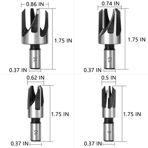 Heavy Duty 23 Piece Woodworking Drill Set Featuring Kickass Chamfer Countersink Bits And Wood Plug Cutters Crafted From High Speed Steel. Four chamfer countersink bits with different diameters.