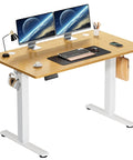 Solid Height Adjustable Standing Office Desk With Ergonomic Sit Stand Workstation And Thick MDF Top Designed To Take The Stress Out Of Your Daily Grind Smoothly with dual monitors, keyboard, and office accessories.