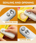 Sealing and cutting demo of 2 In 1 Rechargeable Bag Sealer With Cutter And Magnet, Portable Snack Bag Resealer for Food Storage