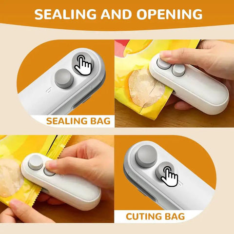 Sealing and cutting demo of 2 In 1 Rechargeable Bag Sealer With Cutter And Magnet, Portable Snack Bag Resealer for Food Storage