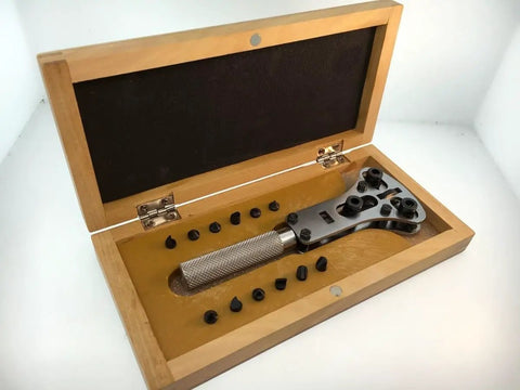 Watch Case Wrench Replacement Part In Wood Box For DIY Clock And Watch Repair Kit with tools displayed in open box