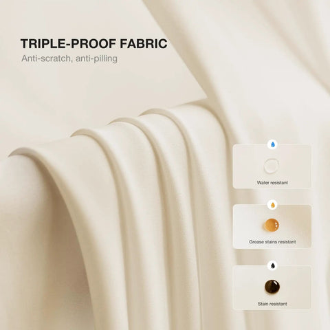 Close-up of Beige Semi Sheer Privacy Curtains fabric highlighting water, grease, and stain resistance features.