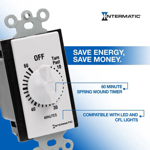 60-Minute Spring Wound Timer For Lights And Appliances White Energy Saving Control featuring dial and compatibility notes.