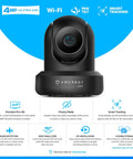 4MP ProHD Indoor WiFi Security IP Camera With Pan Tilt And Two Way Audio Night Vision Remote Viewing 90 Degree Wide Field Of View H265 30FPS Works With Alexa Cloud IP4M 1041B Black front view showing features
