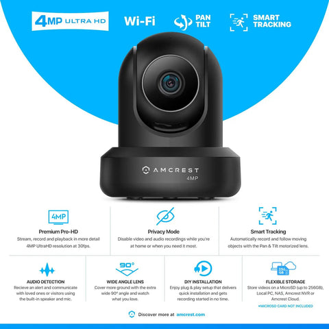 4MP ProHD Indoor WiFi Security IP Camera With Pan Tilt And Two Way Audio Night Vision Remote Viewing 90 Degree Wide Field Of View H265 30FPS Works With Alexa Cloud IP4M 1041B Black front view showing features