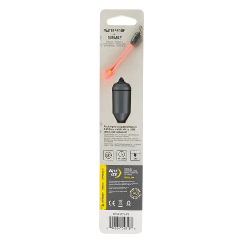 Back view of Nite Ize Radiant rechargeable LED glow stick packaging; red light, black module and S-Biner.