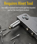 Top Shelf Aluminum Blind Pop Rivets Heavy Duty Fastener Pack with required rivet tool and installed rivets on a surface.