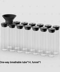 14 Piece Airtight Glass Coffee Bean Storage Tubes With Solid Stand And Hopper Featuring One Way Exhaust Valve keeps coffee fresh in clear tubes.