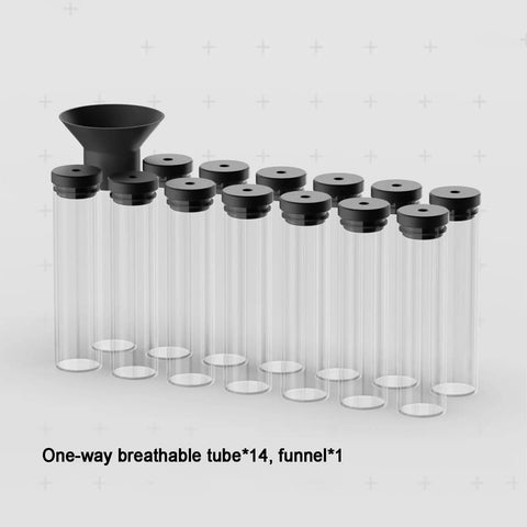 14 Piece Airtight Glass Coffee Bean Storage Tubes With Solid Stand And Hopper Featuring One Way Exhaust Valve keeps coffee fresh in clear tubes.