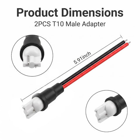 Rugged T10 Male Socket Connector Pair With Pre Wired Extension Plug Adapter For Turn Signal Brake Tail Light DRL Bulb Holder Harness dimensions of 5.91 inches