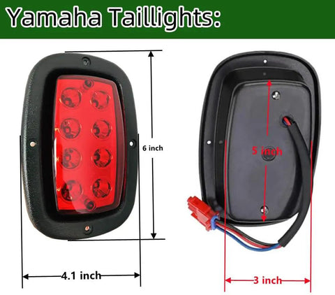 Golf Cart LED Headlight and Tail Light Kit for G14 G16 G19 G22 with 6 inch red taillight dimensions displayed