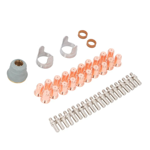 Heavy Duty Plasma Cutting Torch Electrode Tip Kit with 20 copper tips and guide rings for fast changeouts and durability.