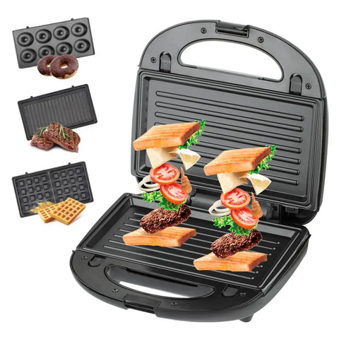3 In 1 Electric Sandwich Maker With 3 Removable Non Stick Plates Double Sided Heating Waffle Donut Panini Press Grill For Quick Breakfast Snacks Bacon Steak And More 850 Watts Uniform Cooking with vegetables and sandwiches.