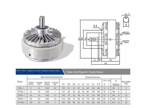 Diagram and specifications of Magnetic Powder Brake FZ6A1 0.6 Kg High Efficiency Industrial Brake for equipment.