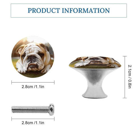 Cute Bulldog Puppy Cabinet Knobs 2 Pack Round 1.1 Inch Stainless Steel Drawer Pull shown with dimensions and screw