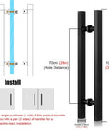 Matte Black Door Pull Handle For Sliding Barn Doors, Modern Square H Shape Push Pull Handle, Heavy Duty Stainless Steel Finish, 39 Inch Length, Easy Two Hole Mount, Ideal For Sliding And Pocket Doors shown with dimensions and installation diagram.