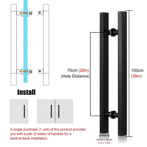 Matte Black Door Pull Handle For Sliding Barn Doors, Modern Square H Shape Push Pull Handle, Heavy Duty Stainless Steel Finish, 39 Inch Length, Easy Two Hole Mount, Ideal For Sliding And Pocket Doors shown with dimensions and installation diagram.