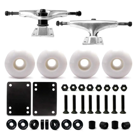 5.25 Inch Skateboard Trucks 139mm Aluminum With 52mm Wheels ABEC 7 Bearings 1.25 Inch Hardware 2mm Riser Pads Spacer All-In-One Kit